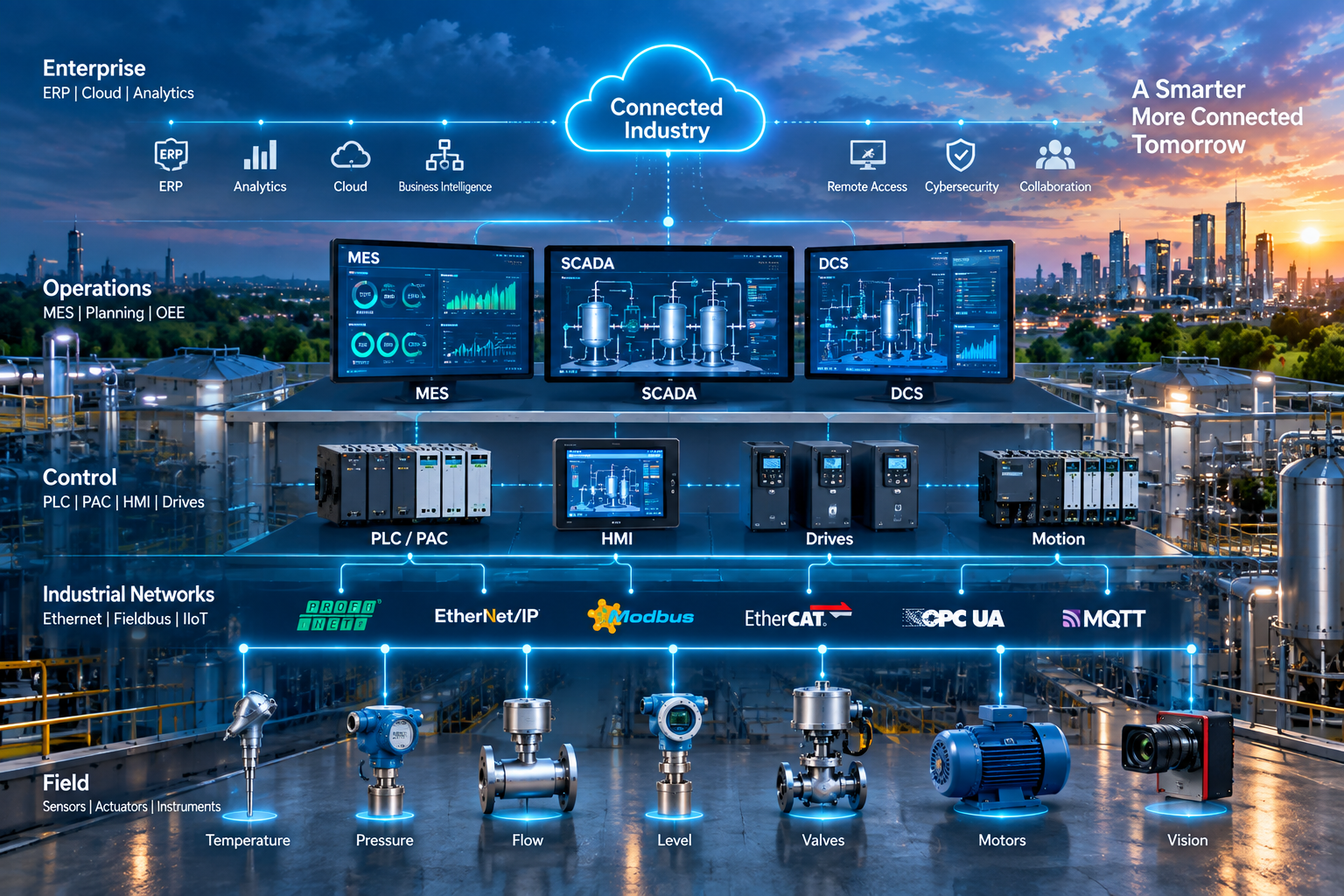 Connected industrial automation architecture integrating sensors, PLC, SCADA, DCS, MES, IIoT and enterprise systems