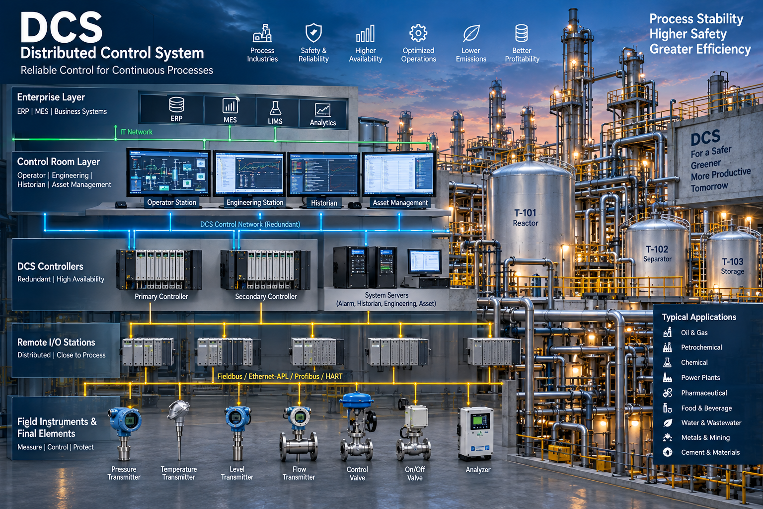 Distributed control system for continuous process automation, plant control and industrial monitoring