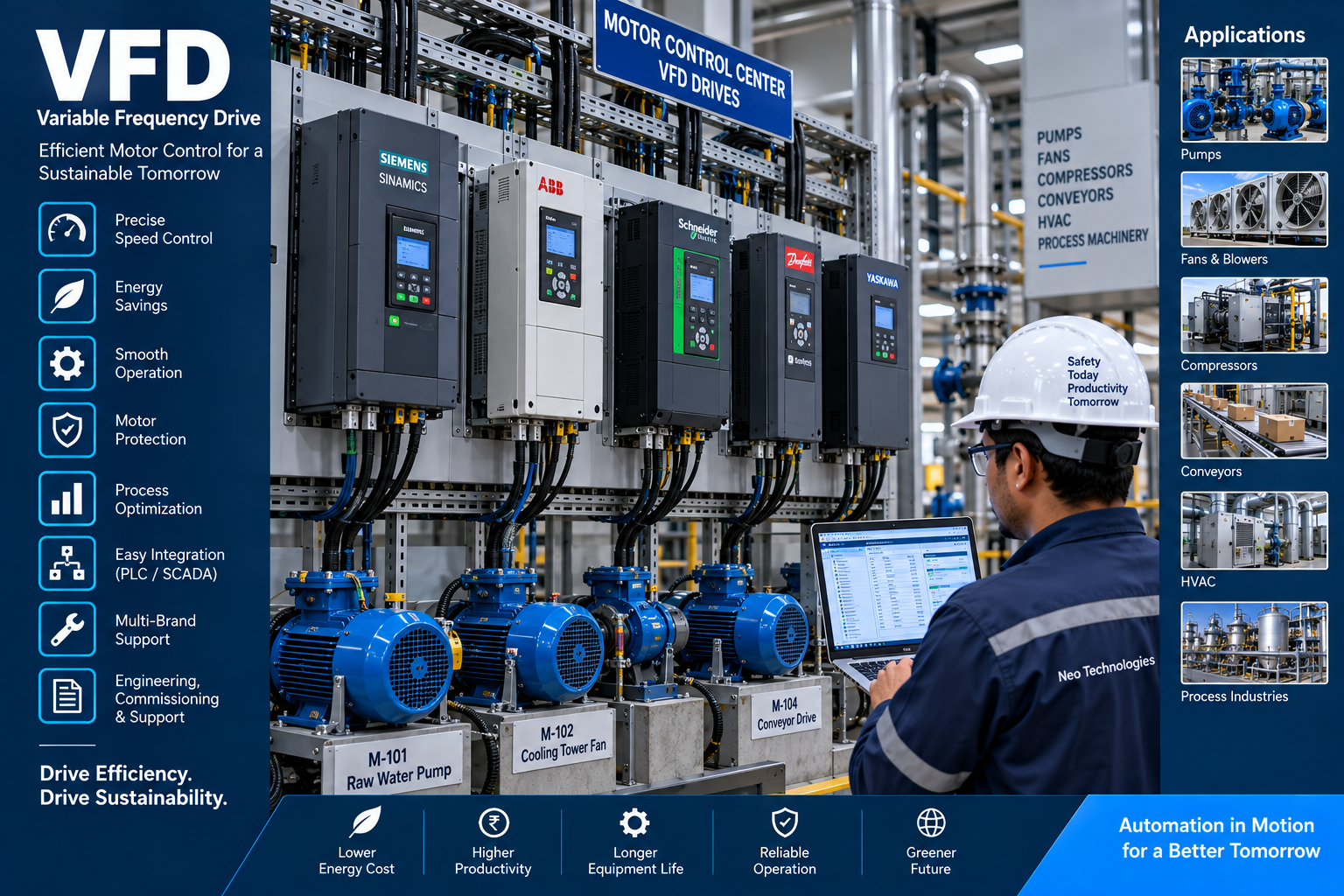 Variable frequency drive system for industrial motor speed control, energy efficiency and automation