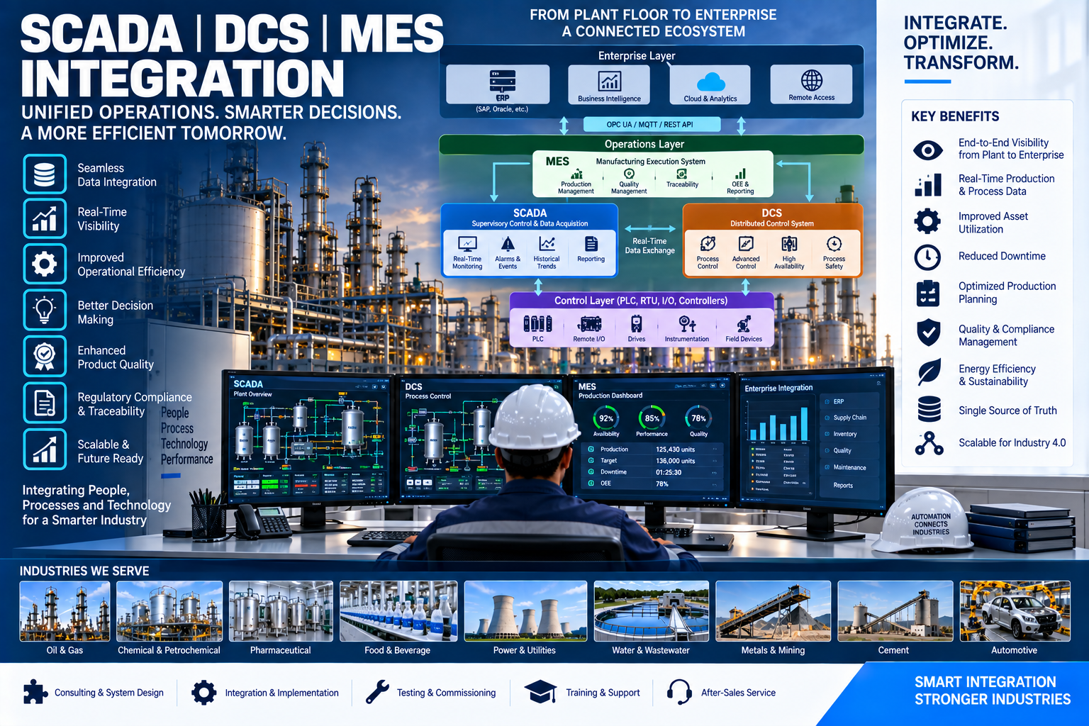 SCADA industrial automation system for real-time plant monitoring, visualization, alarms and process control Distributed control system for continuous process automation, plant control and industrial monitoring Manufacturing execution system connecting production operations, traceability, OEE and enterprise data