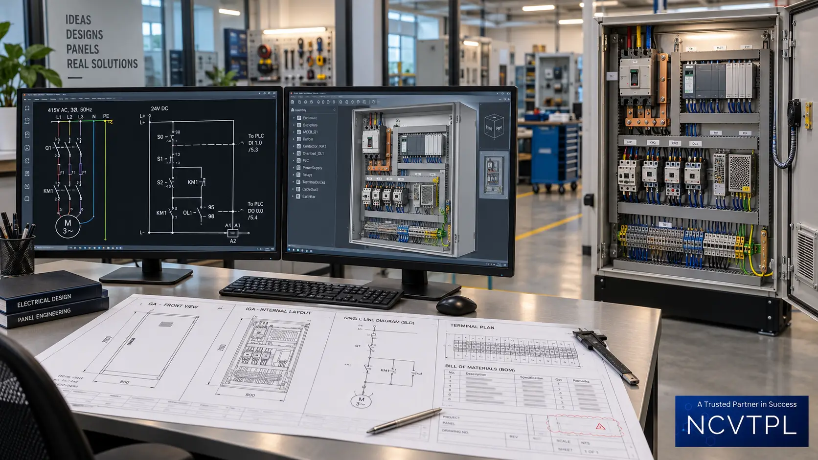Panel CAD designing training with electrical schematic and control-panel drawings