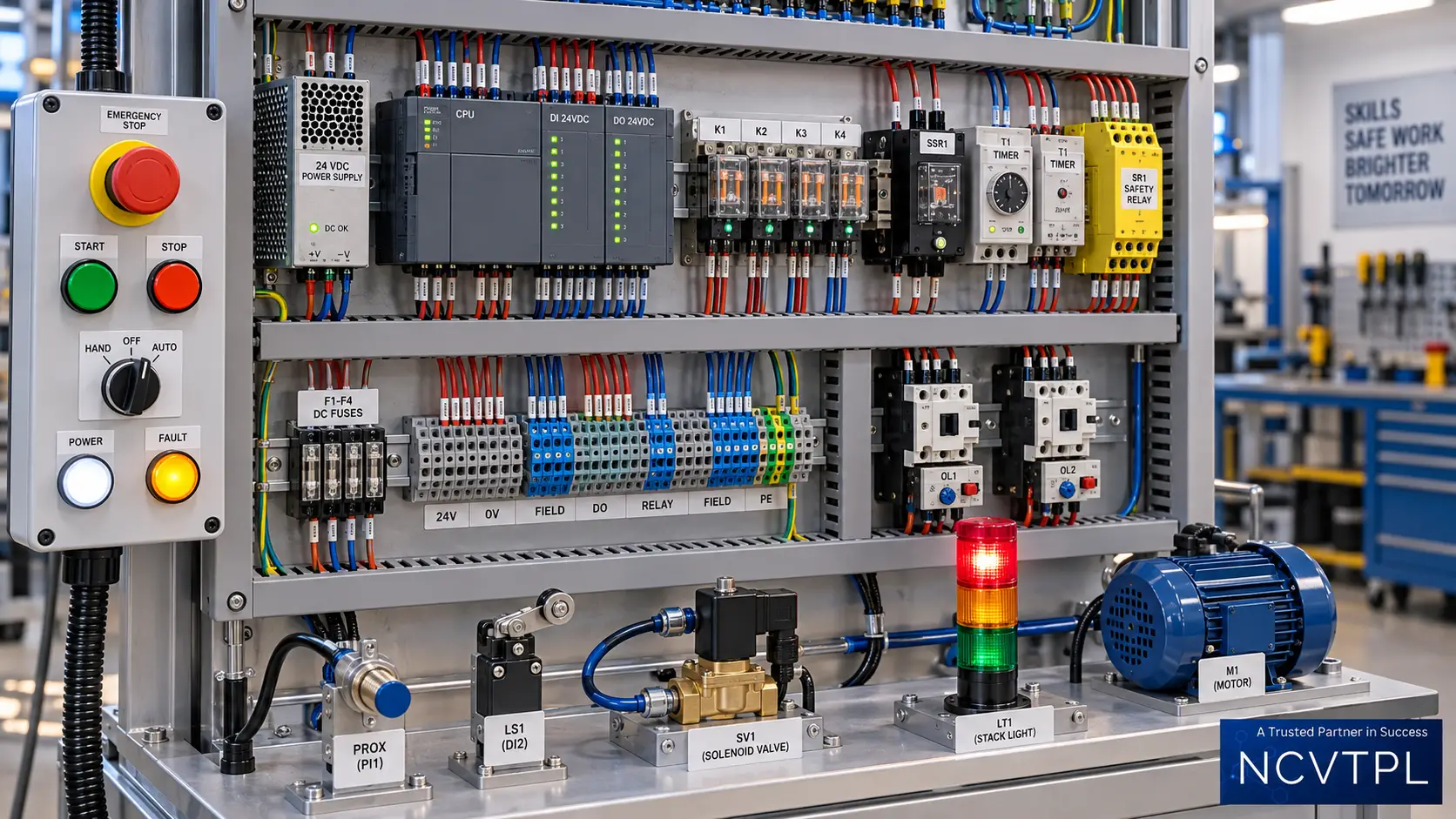 Relay logic and digital PLC wiring training with control relays and I/O modules