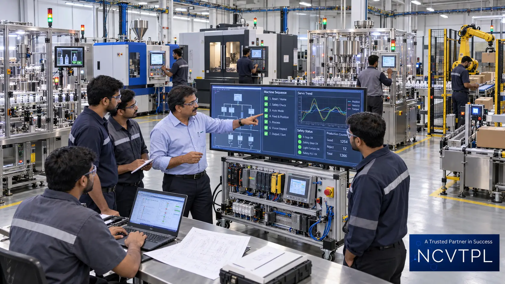 OEM machinery automation workshop with engineers commissioning industrial equipment