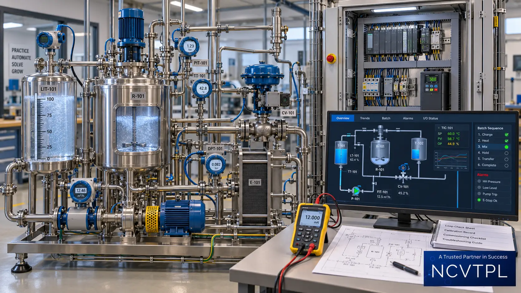 Process automation workshop with instrumentation control loops and SCADA monitoring