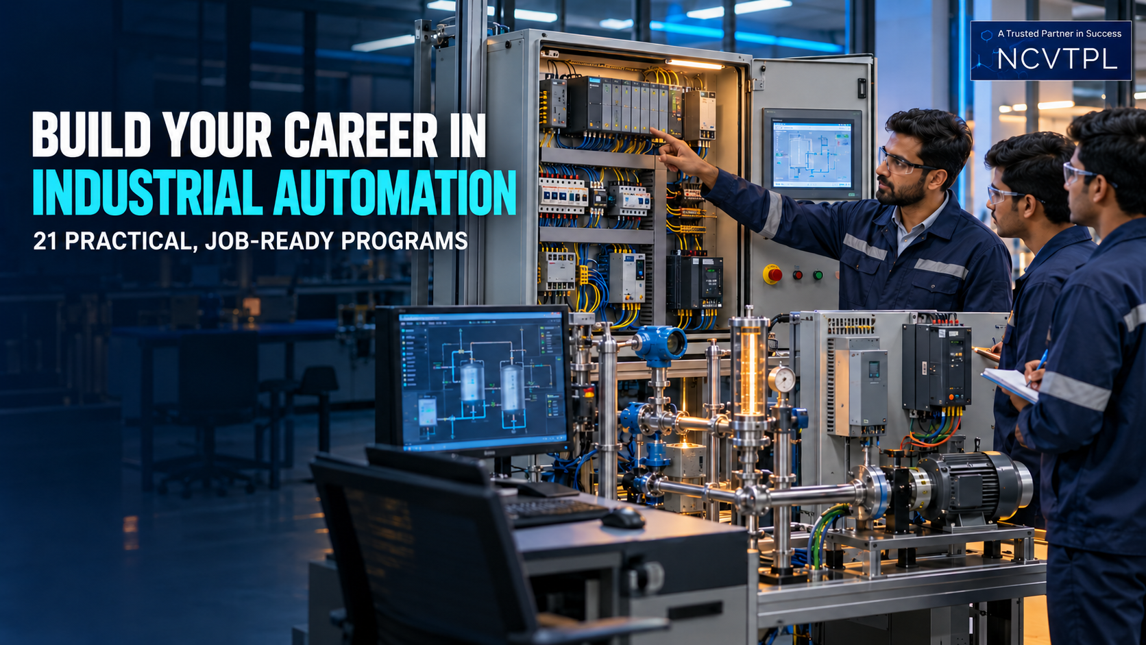 NCVTPL industrial automation training with PLC, SCADA, HMI, drives, control panel and process automation equipment