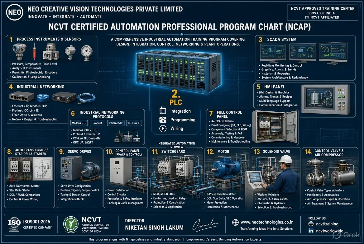 alt="NCVT Certified Automation Professional Program Chart (NCAP) - Neo Creative Vision Technologies - PLC, SCADA, HMI, Industrial Networking, Control Panel Training"