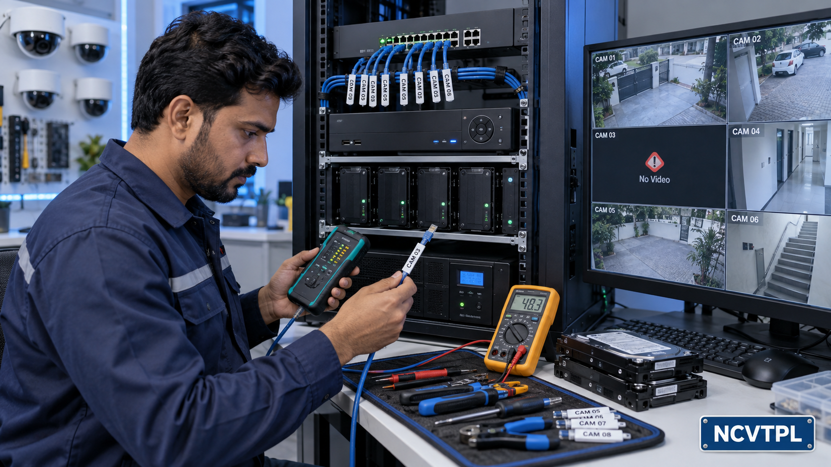 CCTV service technician testing a PoE network, NVR, surveillance hard drives and offline camera channel during NCVTPL maintenance training.