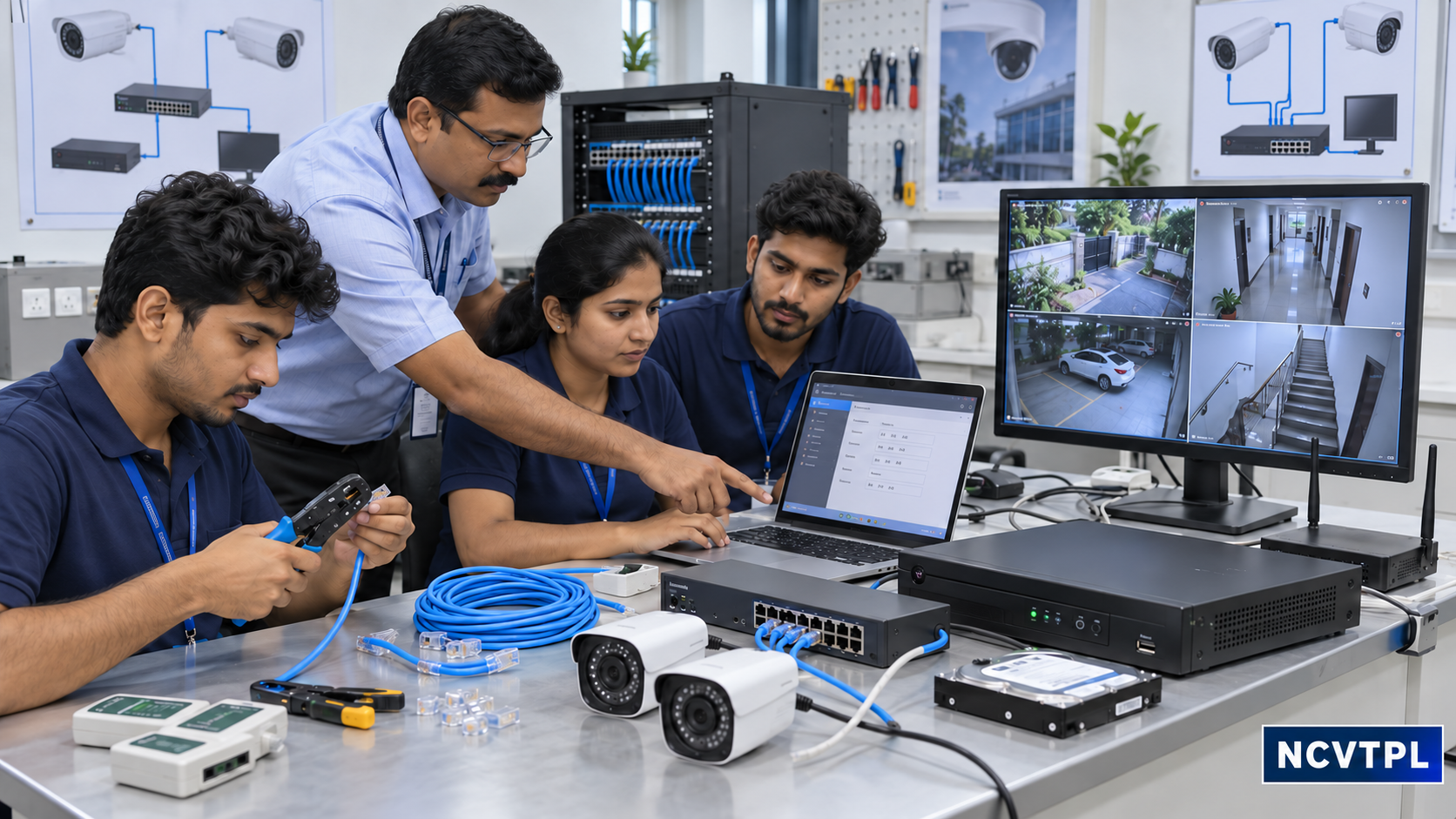 Instructor guiding trainees through IP camera, PoE switch, NVR, surveillance storage and network configuration in an NCVTPL practical lab.