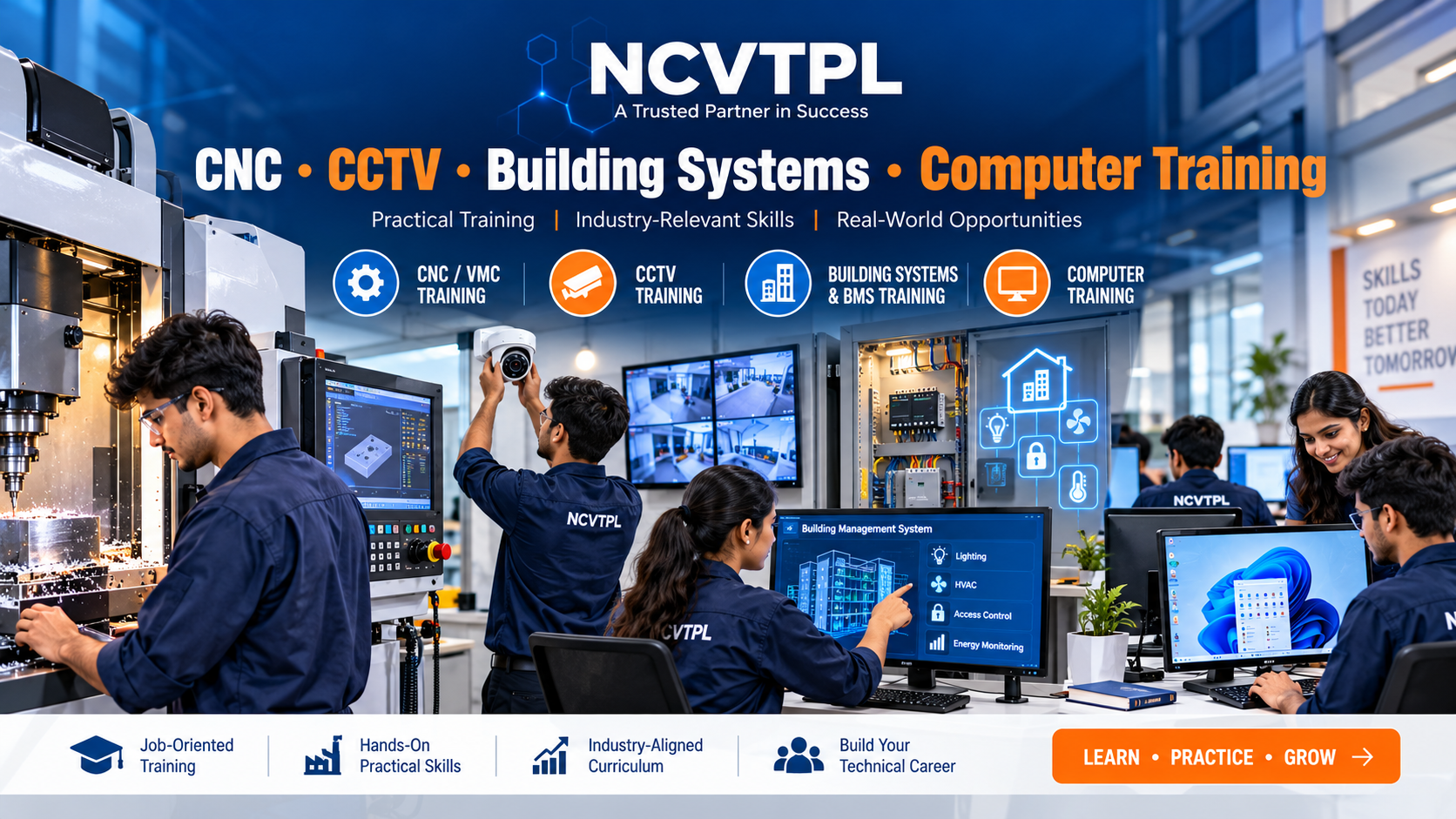 NCVTPL vocational training for CNC VMC CCTV building management systems and Windows computer fundamentals in a practical technical lab