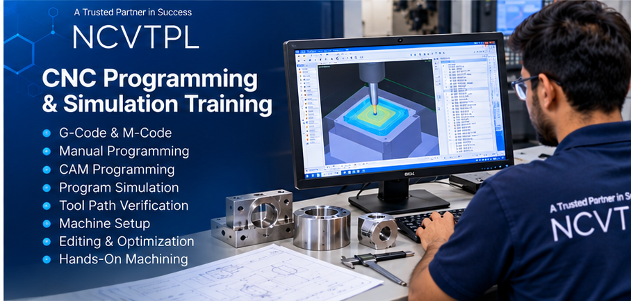 NCVTPL CNC Programming Training with trainee creating G-code and M-code programs, simulating tool paths and verifying CNC machining operations