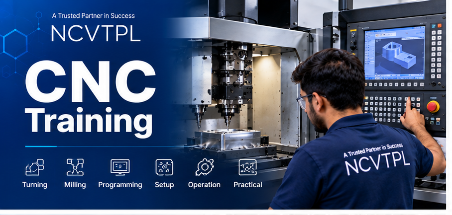 NCVTPL CNC Training with trainee operating a modern CNC machine for turning, milling, programming, setup and practical machining