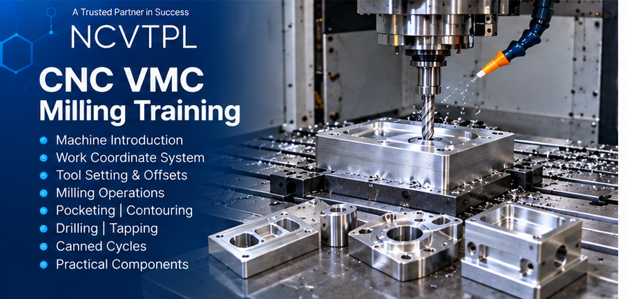 NCVTPL VMC milling training showing vertical machining centre cutting metal component