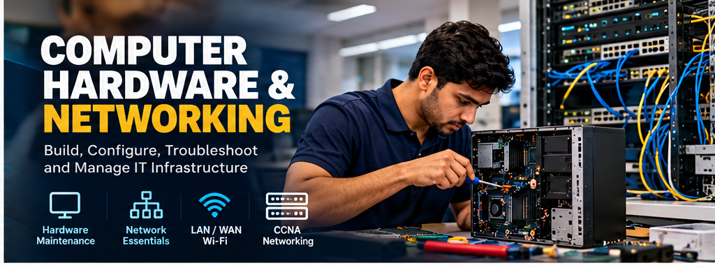 NCVTPL Computer Hardware and Networking Training showing PC maintenance network infrastructure LAN WAN Wi-Fi and server equipment