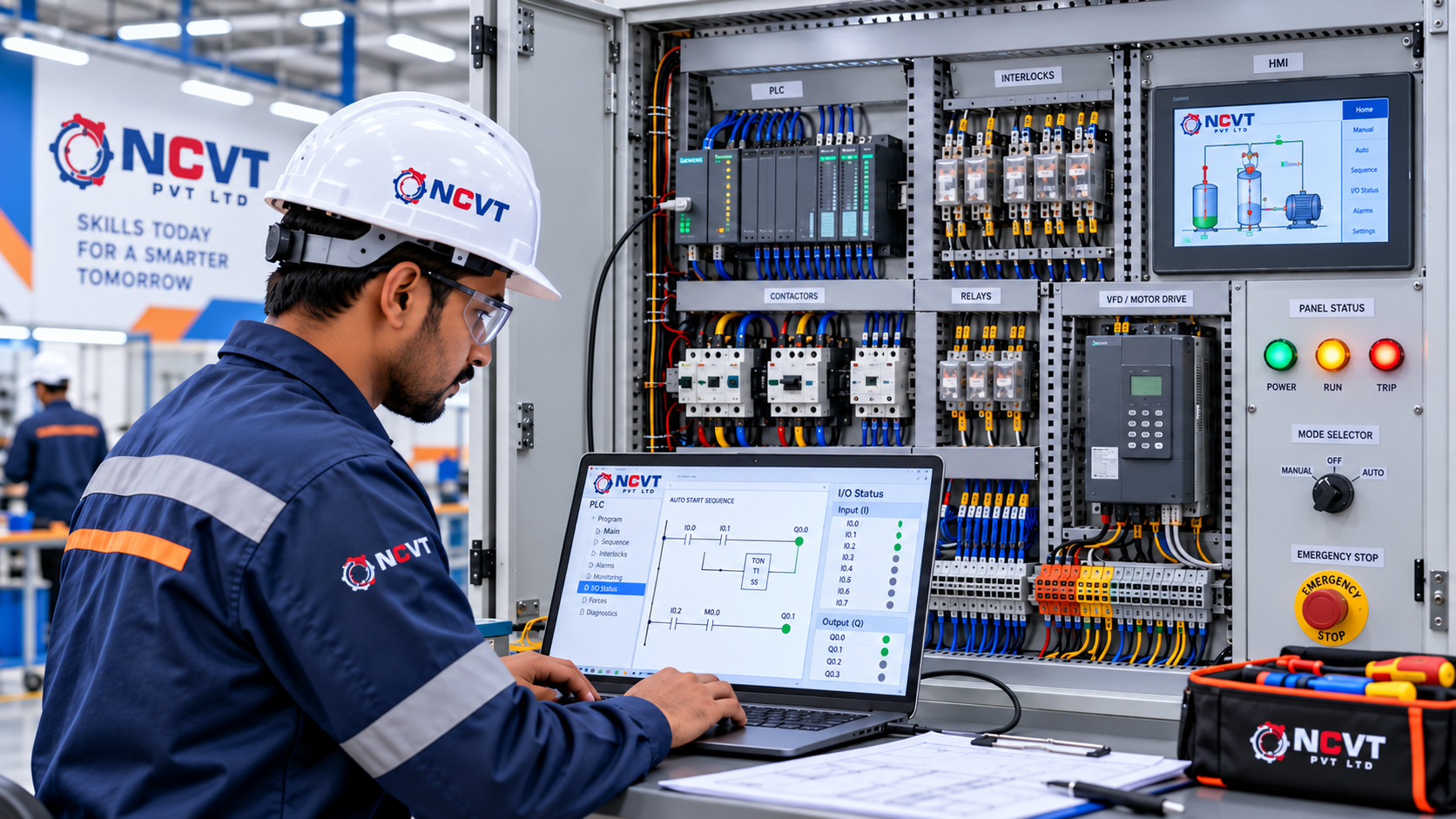 NCVTPL engineer performing PLC I O HMI VFD and control panel functional testing using engineering software and industrial automation hardware