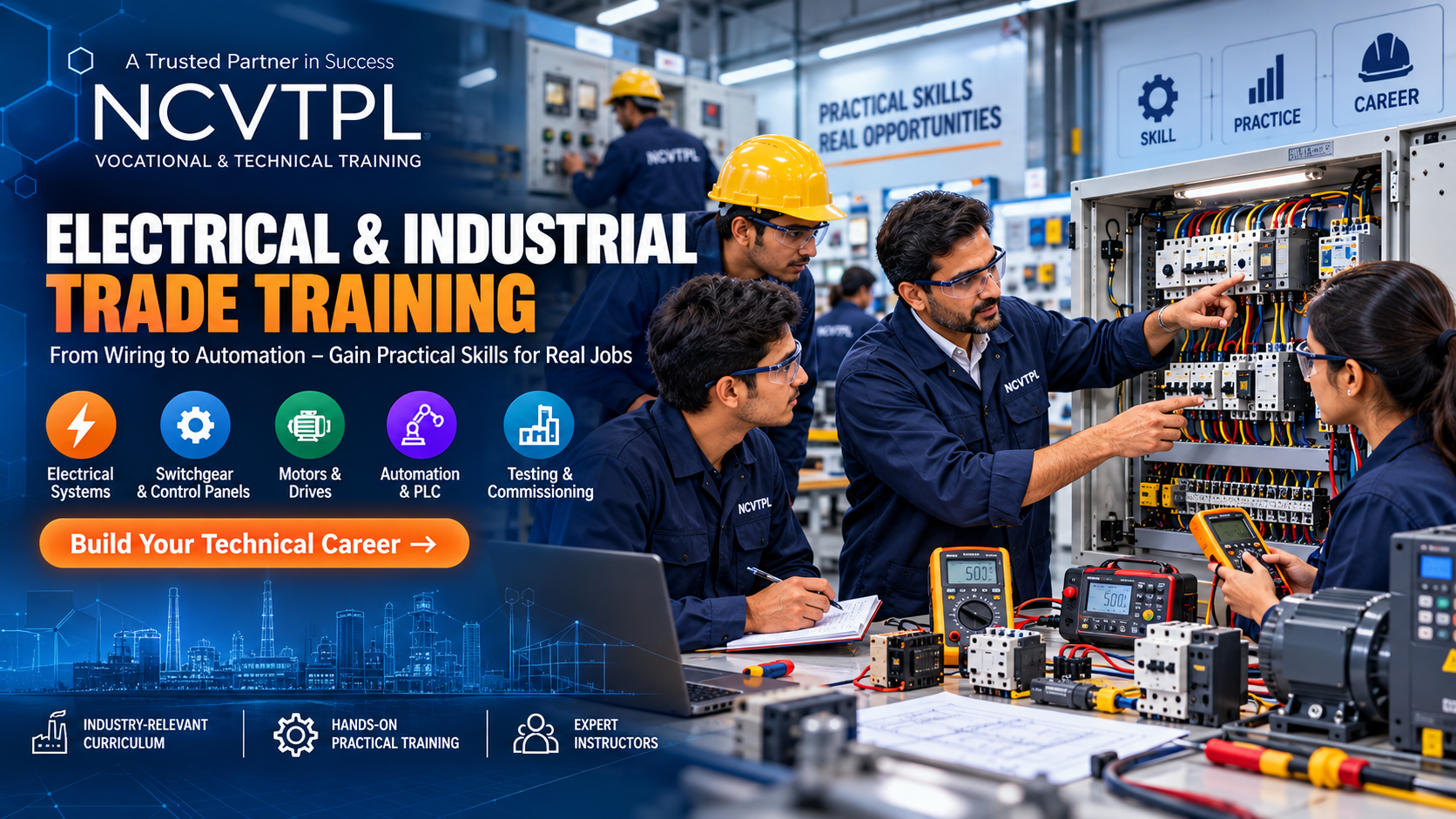 NCVTPL Electrical and Industrial Trade Training with students learning switchgear control panels motors drives PLC and electrical testing