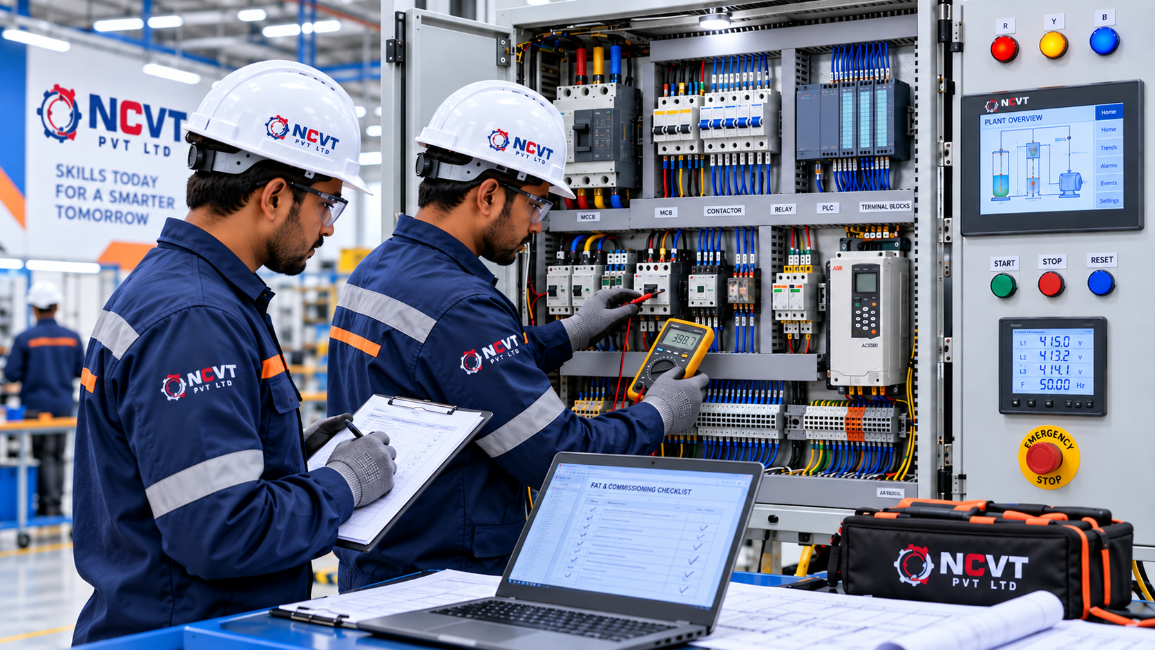 NCVTPL engineers carrying out factory acceptance testing and commissioning checks on an industrial PLC and electrical control panel