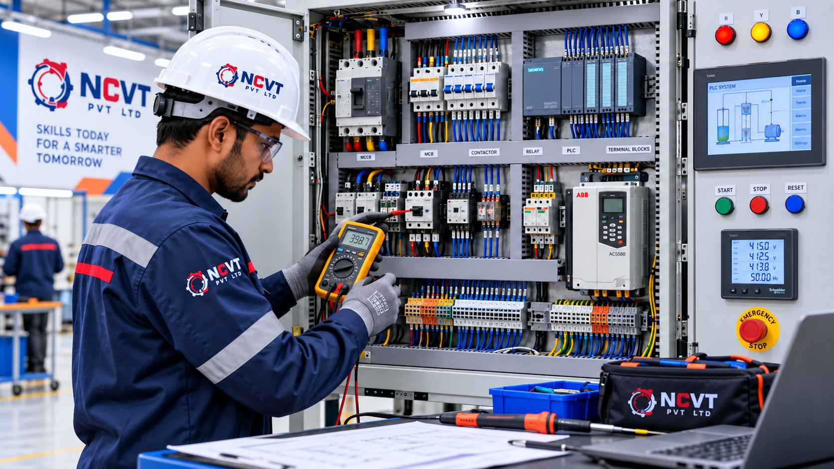 NCVTPL electrical engineer performing continuity insulation resistance and pre energization testing on an industrial control panel