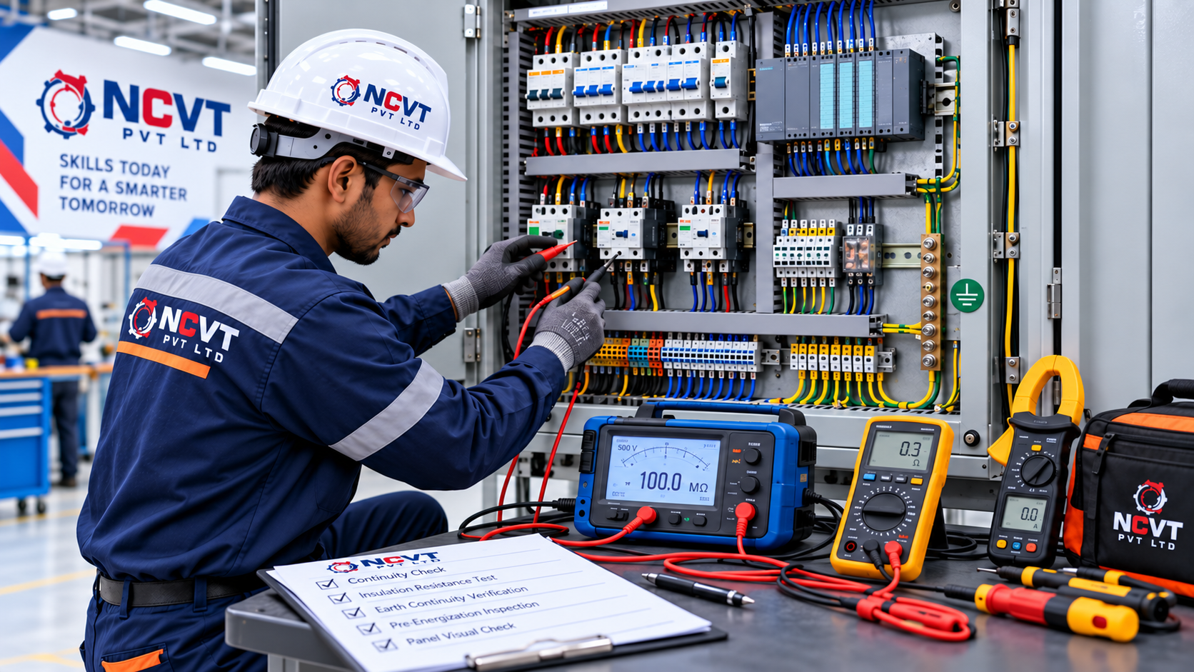 NCVTPL engineer testing an industrial electrical control panel with multimeter PLC VFD breakers contactors and terminal wiring