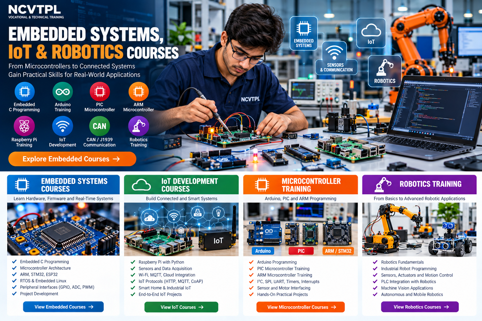 NCVTPL embedded systems IoT and robotics training covering microcontrollers Embedded C Raspberry Pi RTOS CAN and robotics