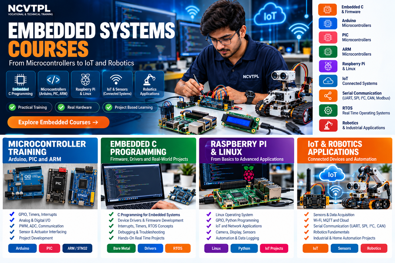 NCVTPL Embedded Systems Courses with Arduino PIC ARM microcontrollers Embedded C programming Raspberry Pi Linux IoT sensors and robotics applications