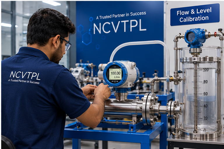 NCVTPL technician performing flow and level transmitter calibration on an industrial process instrumentation training rig