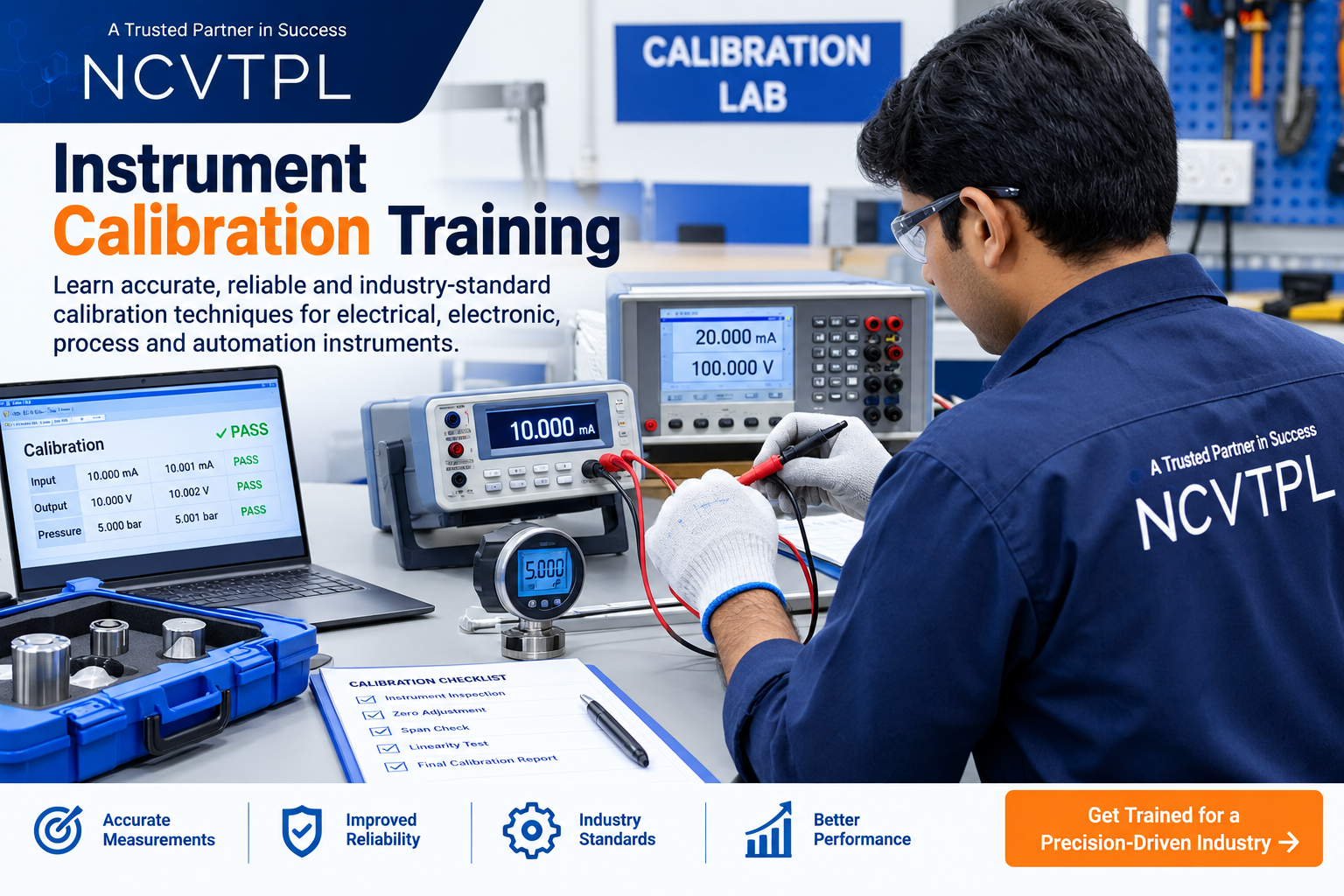 NCVTPL Instrument Calibration Training with technician calibrating industrial pressure and electrical instruments using precision calibrators and test equipment