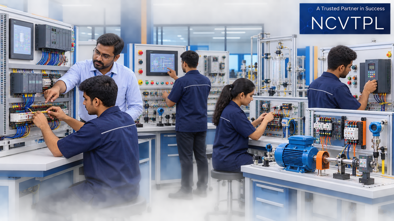NCVTPL students receiving practical PLC HMI drive sensor and instrumentation training in an industrial automation laboratory