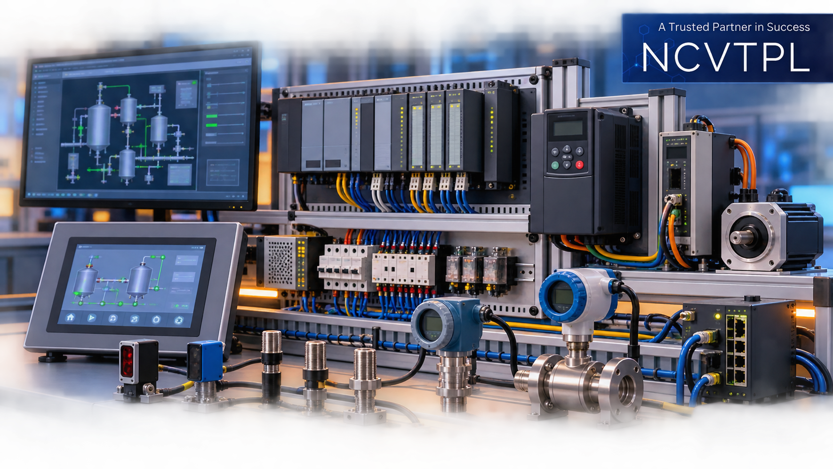 PLC rack HMI SCADA VFD servo motor industrial sensors and instrumentation used for NCVTPL automation training