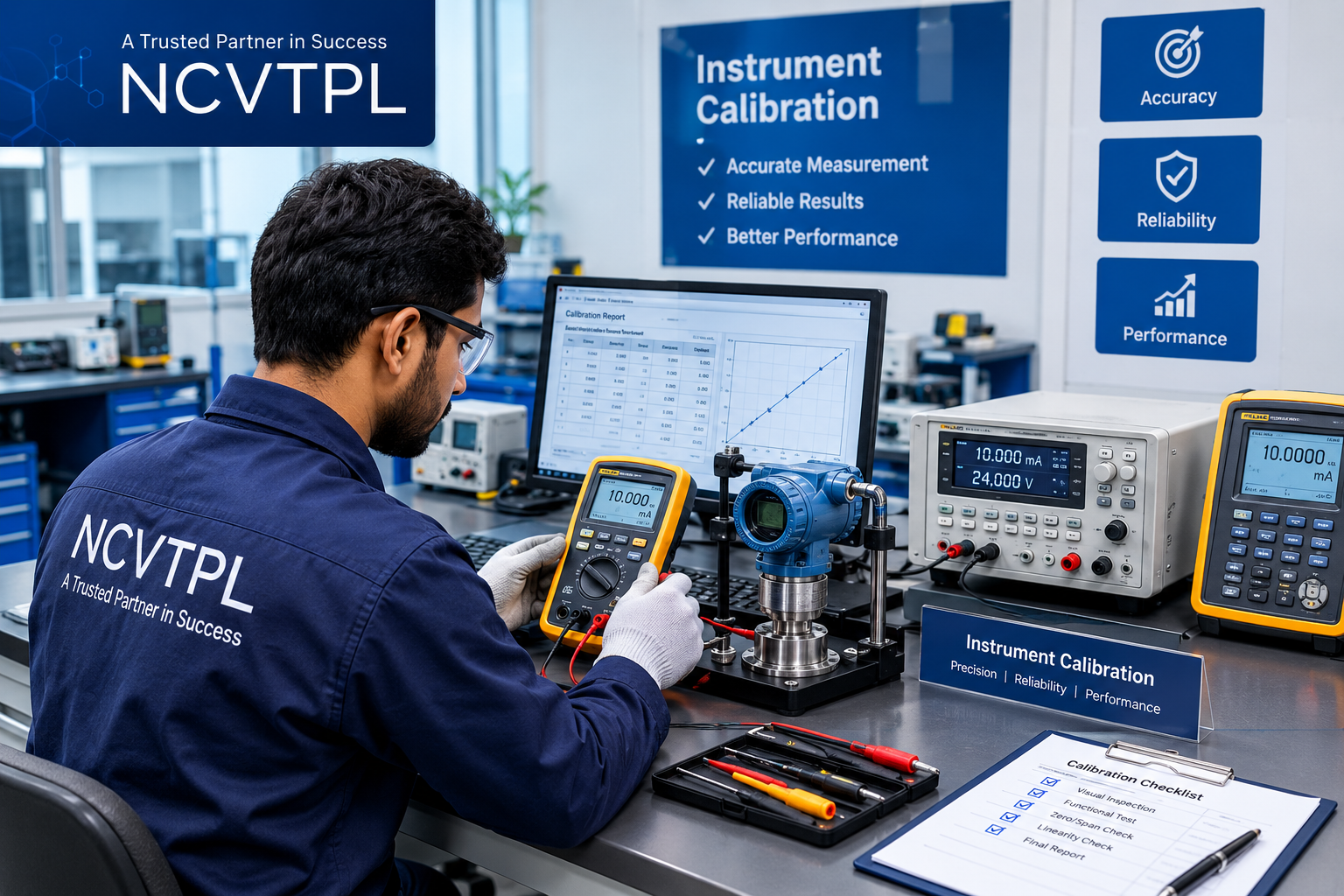 NCVTPL technician performing pressure transmitter and 4-20 mA loop calibration using a precision pressure calibrator and electrical process calibrator