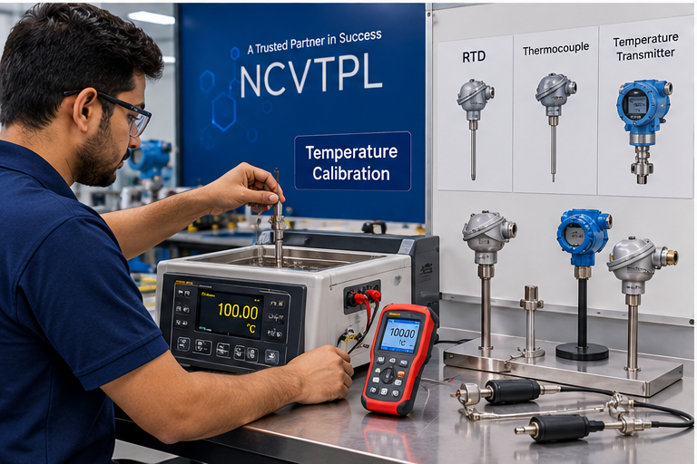 NCVTPL technician calibrating RTD thermocouple and temperature transmitter using dry block calibrator and precision temperature measurement equipment
