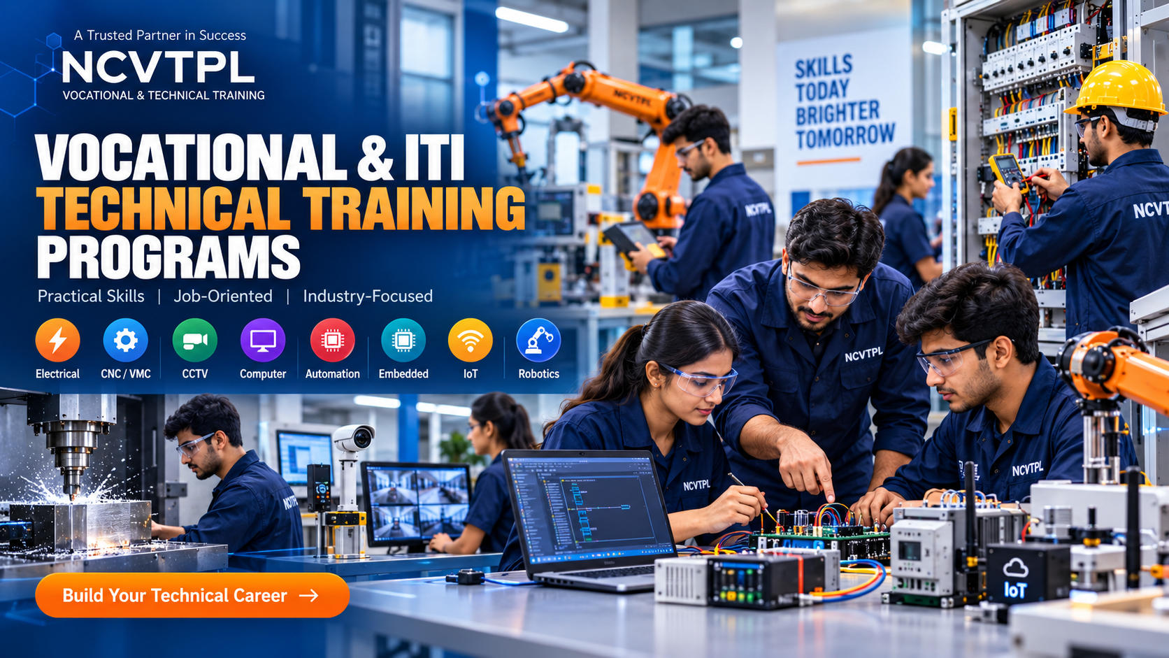 NCVTPL vocational and ITI technical training in electrical CNC VMC CCTV computer automation embedded IoT and robotics