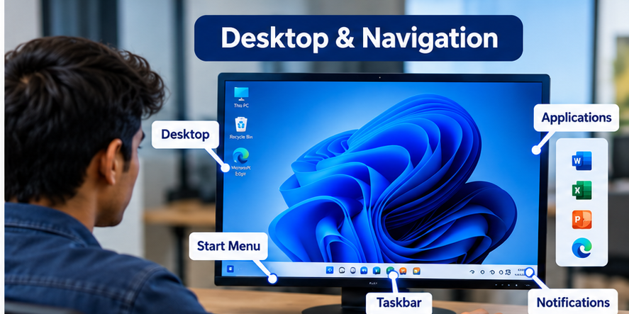 NCVTPL Windows desktop navigation training covering Start menu taskbar desktop applications and notifications in Windows 11