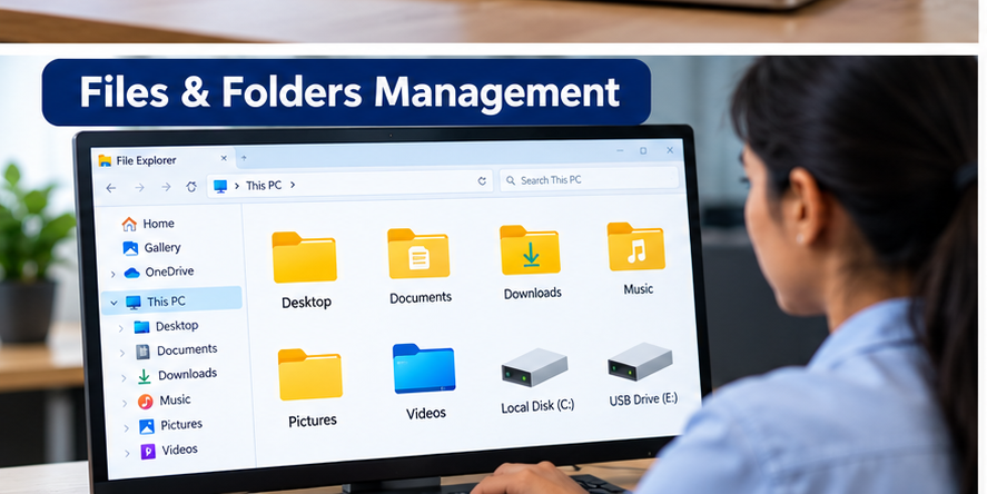 NCVTPL Windows files and folders training showing File Explorer desktop documents downloads drives and USB storage management