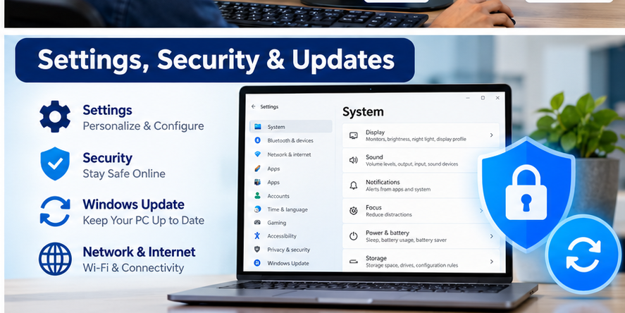 NCVTPL Windows settings security and updates training covering system configuration network privacy Windows Update and device settings
